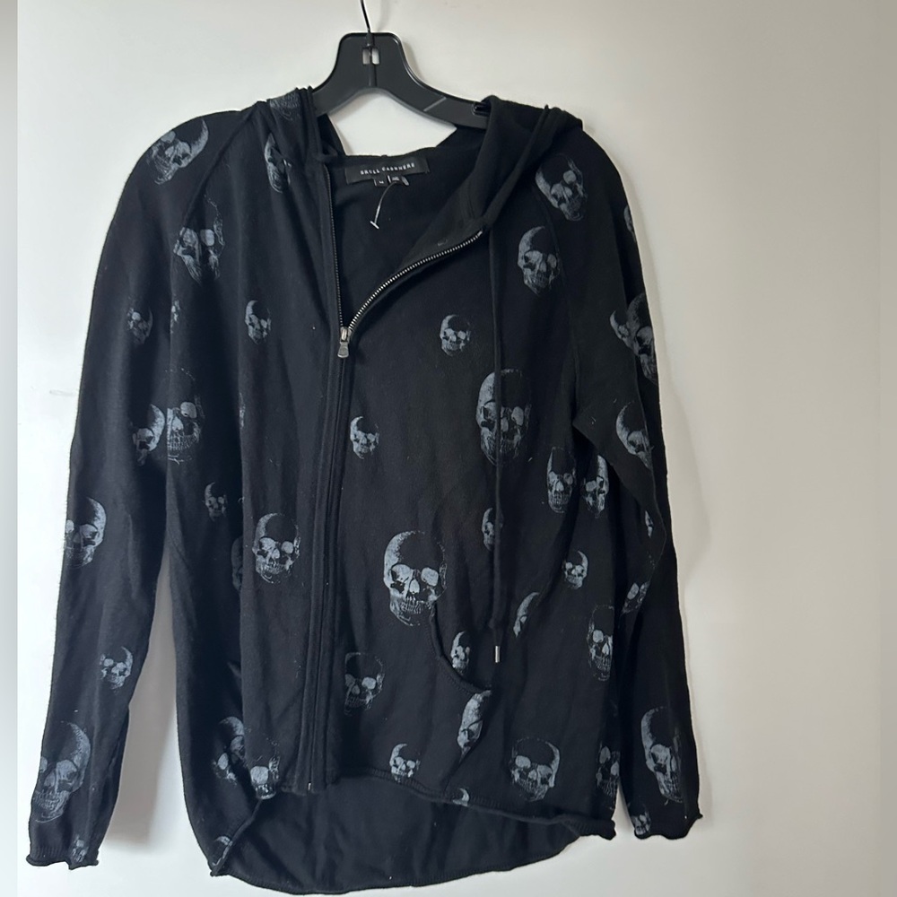 Skull Cashmere Black Hooded Zip Sweater with Gray Skull Print